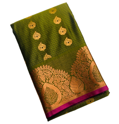 Vegan Silk Saree Olive Green shade with Pink Border