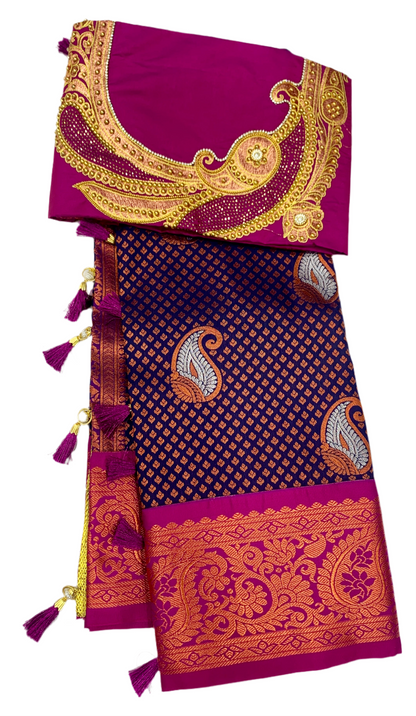 Bridal Vegan Silk Saree Navy Blue shade with Pink Border with Unstitched blouse in Aari work