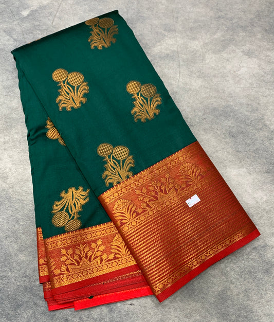 Soft Silk Casual Saree Green Colour with Maroon and Golden Colour Border