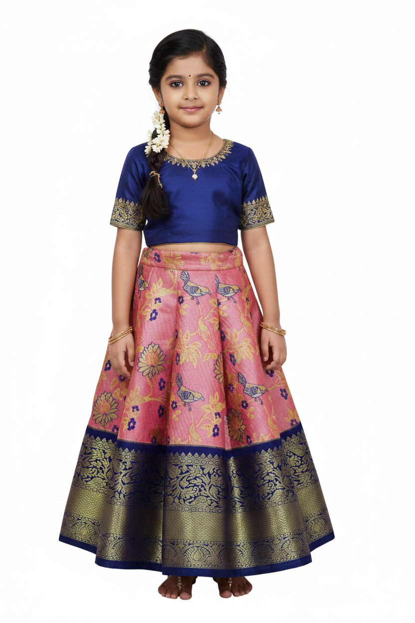 Baby Pink Shade Vegan Silk Kids Pattu Pavadai with Contrast Border for age 2 to 5