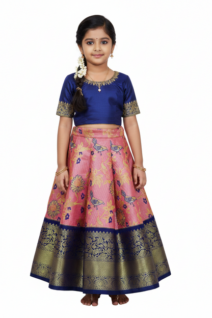 Baby Pink Shade Vegan Silk Kids Pattu Pavadai with Contrast Border for age 2 to 5