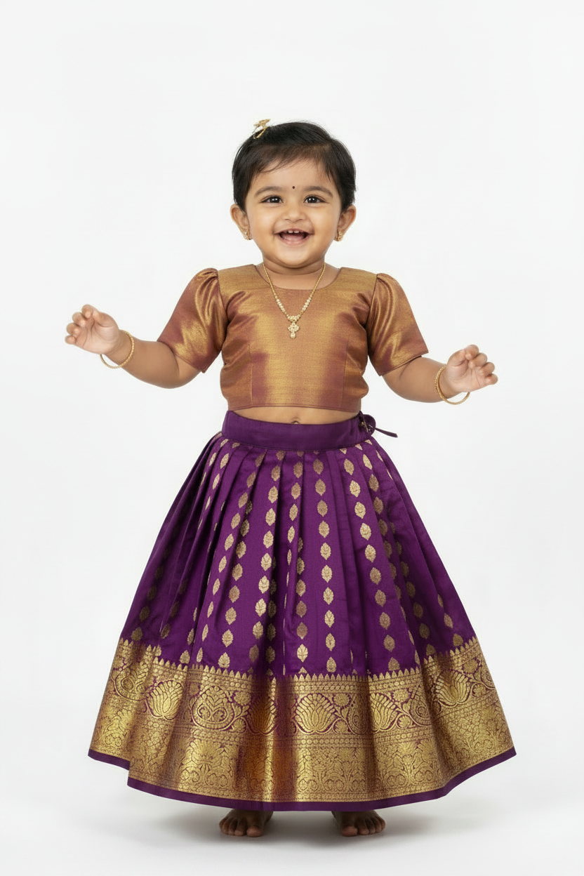 Purple Shade Pure Kanchipuram Kids Pattu Pavadai with Contrast Border for Newborn to 2 Years