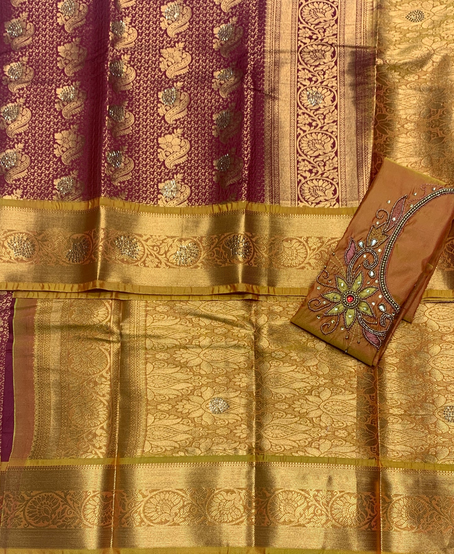 Bridal Vegan Silk Saree Maroon shade with Golden Yellow Border with Unstitched blouse in Aari Work