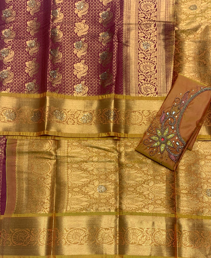 Bridal Vegan Silk Saree Maroon shade with Golden Yellow Border with Unstitched blouse in Aari Work