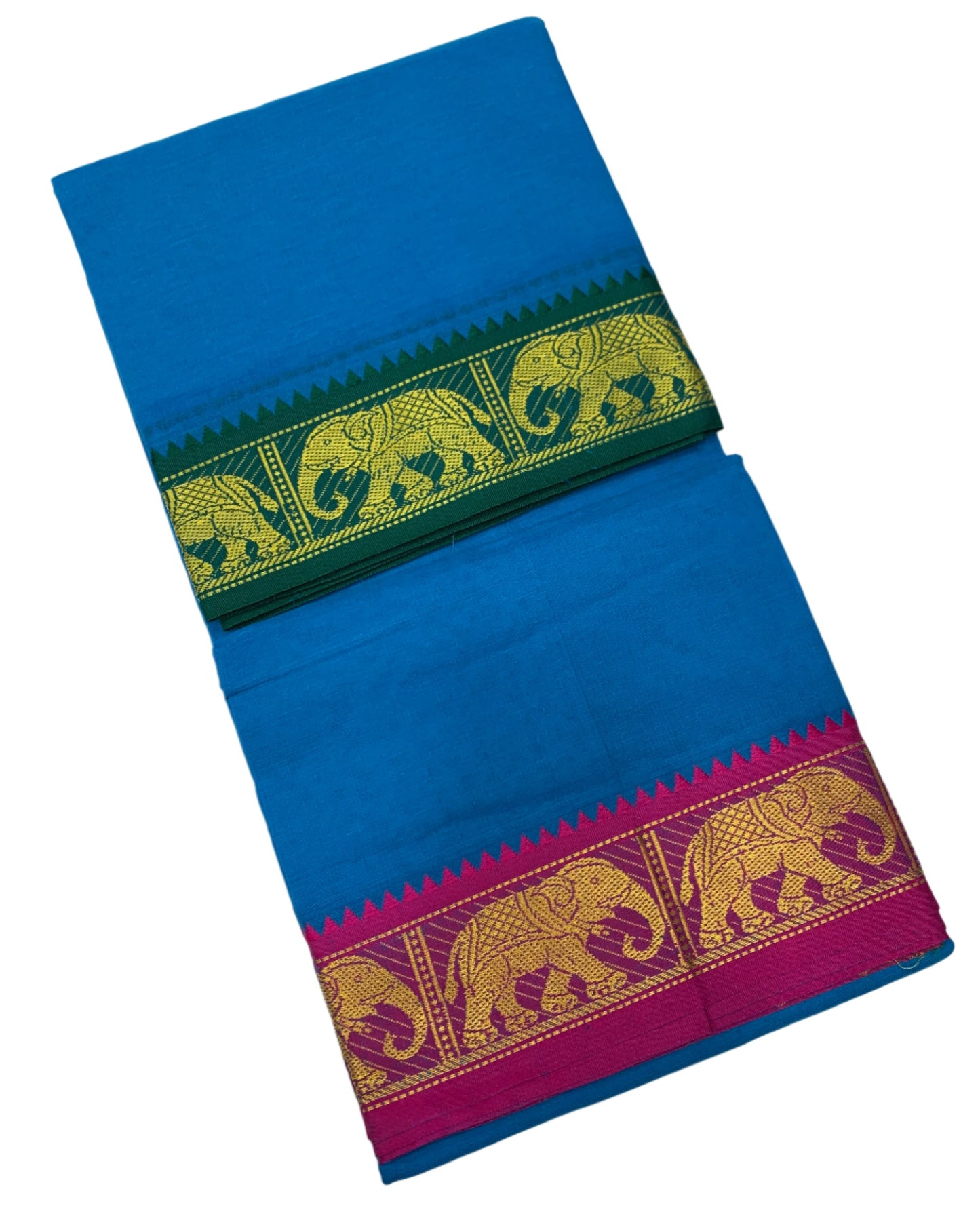 9X5 Cotton Dhoti Sky Blue Colour with Green and Pink Border