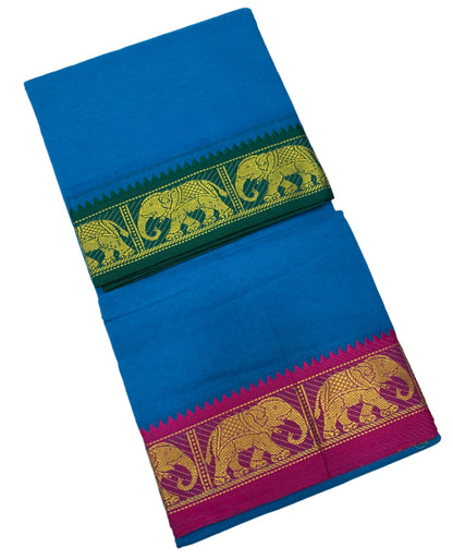 9X5 Cotton Dhoti Sky Blue Colour with Green and Pink Border