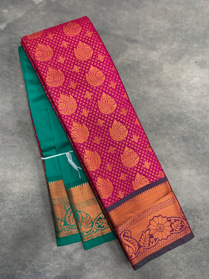 Vegan Silk Saree Pink Colour with Green and Copper Border