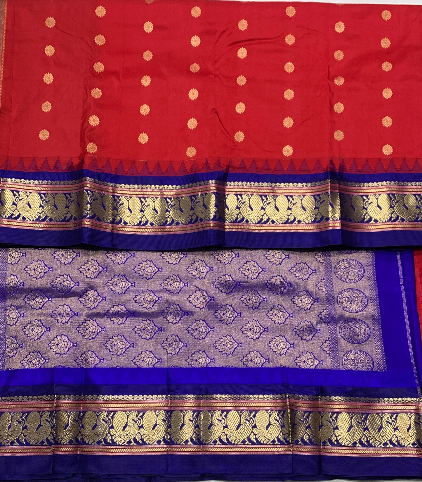 Pure Kanchipuram Silk Saree Red Colour with Contrast Blue Annam Border