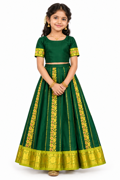Green shade Semi Silk Kids Pattu Pavadai with Contrast border for age above 10 years