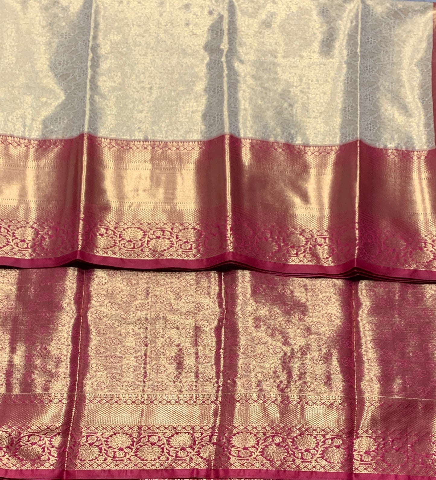 Fancy Tissue Saree Golden Colour with Red Colour Floral Design Border