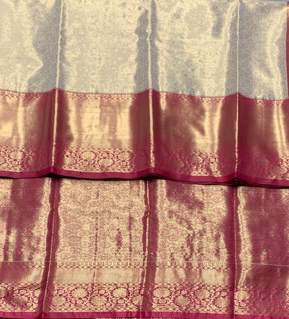 Fancy Tissue Saree Golden Colour with Red Colour Floral Design Border