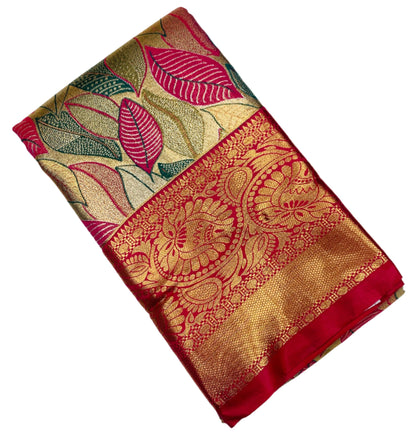 Green & Pink Leaf Soft Kanchi Tissue Pattu Saree with Pink border