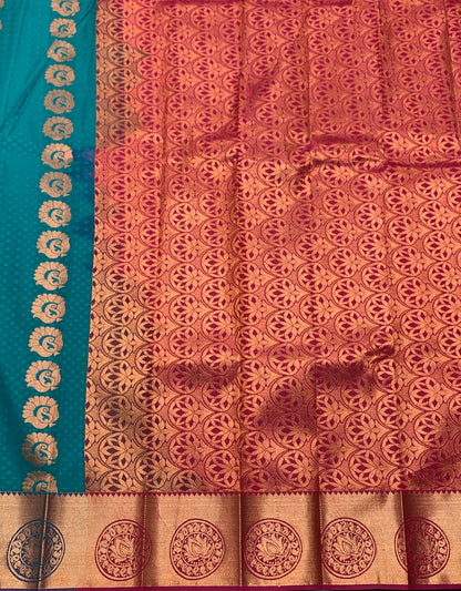 Vegan Silk Saree Rama Green Colour Saree with Copper Border