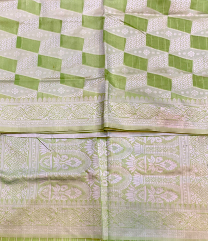 Banaras Katan Saree Apple Green Colour with Katan Work Border