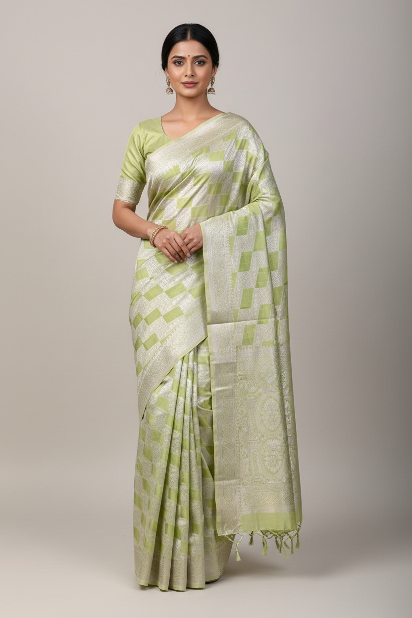 Banaras Katan Saree Apple Green Colour with Katan Work Border