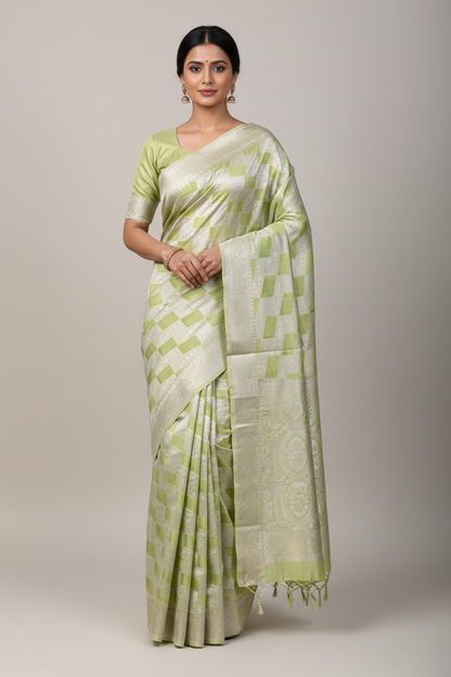 Banaras Katan Saree Apple Green Colour with Katan Work Border