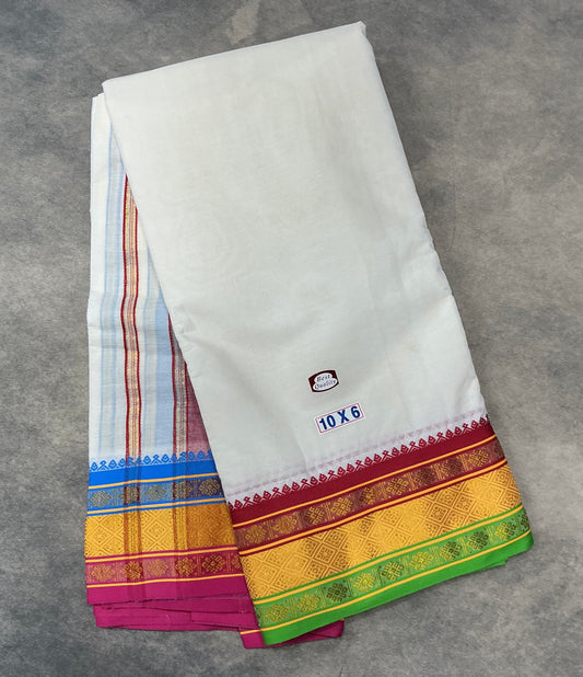 10X6 Cotton Dhoti White Colour with Yellow,Red and LightGreen Border