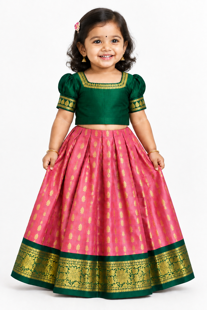 Rose Pink Shade Pure Kanchipuram Kids Pattu Pavadai with Contrast Border for Newborn to 2 Years