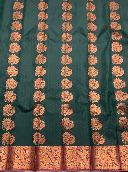 Vegan Silk Saree Green Colour Saree with Copper and Floral Design Border