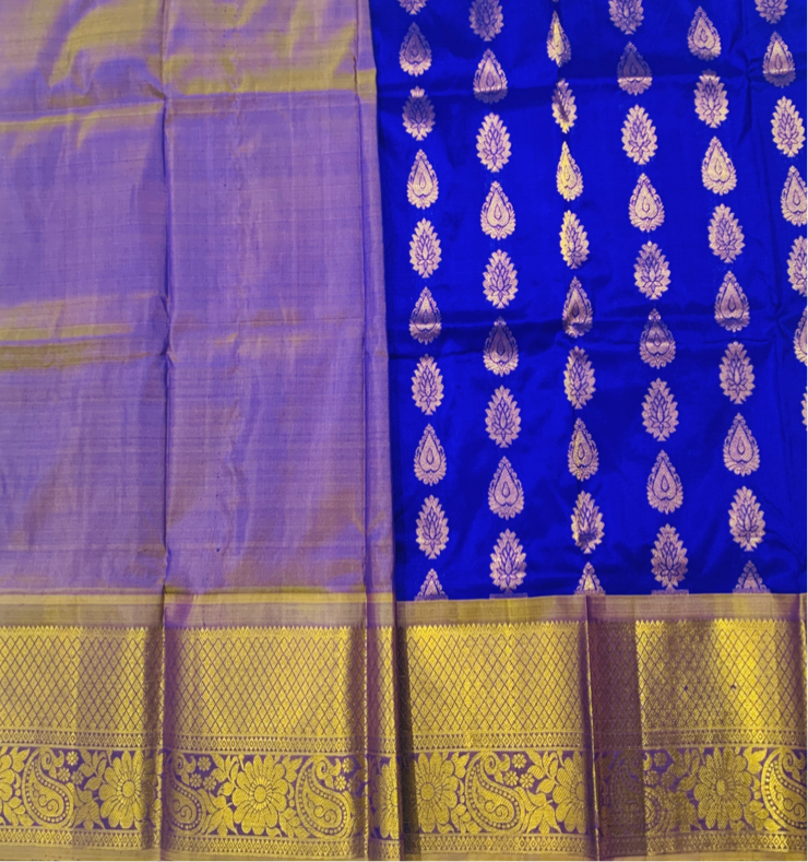 Blue shade Pure Kanchipuram Kids Pattu Pavadai with contrast border for age 2 to 5