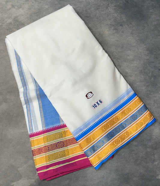 10X6 Cotton Dhoti White Colour with Yellow and Blue Border