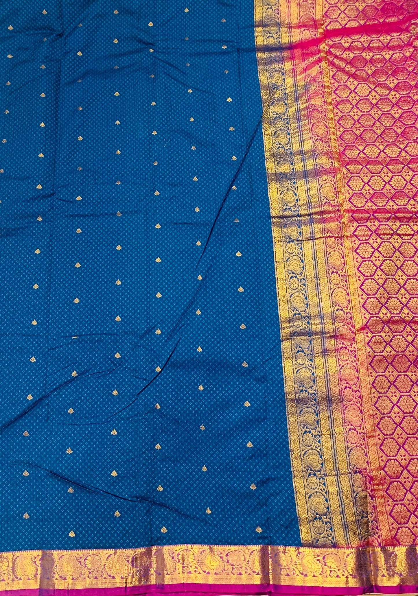 Pepsi Blue shade Semi Silk Saree with Pink Border with Mango and Flower Design