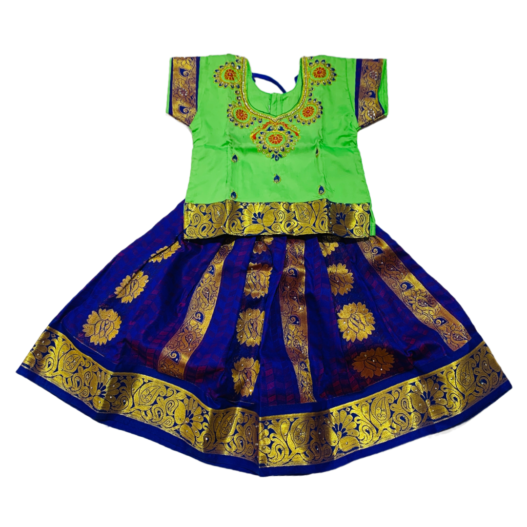 Ready To Wear Blue Pavadai with contrast Apple Green Blouse-1 Year Baby