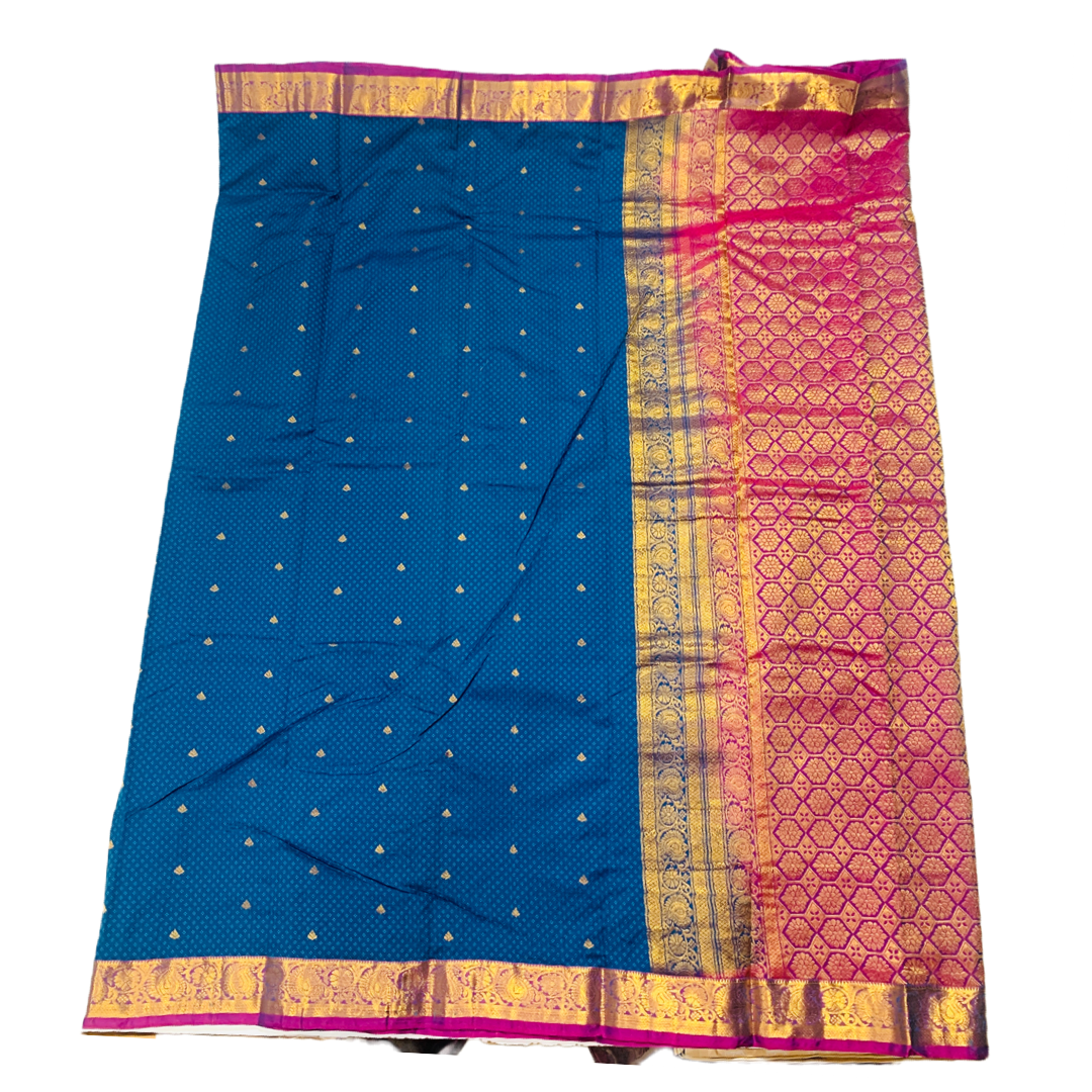 Pepsi Blue shade Semi Silk Saree with Pink Border with Mango and Flower Design