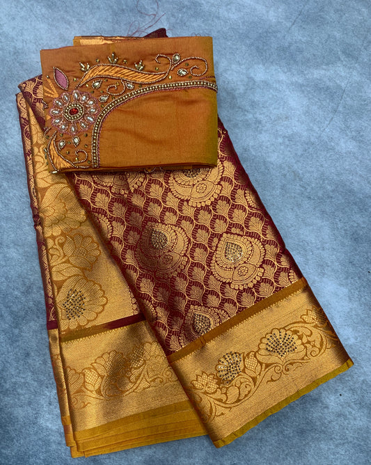 Bridal Vegan Silk Saree Maroon shade with Golden Yellow Border with Unstitched blouse in Aari Work