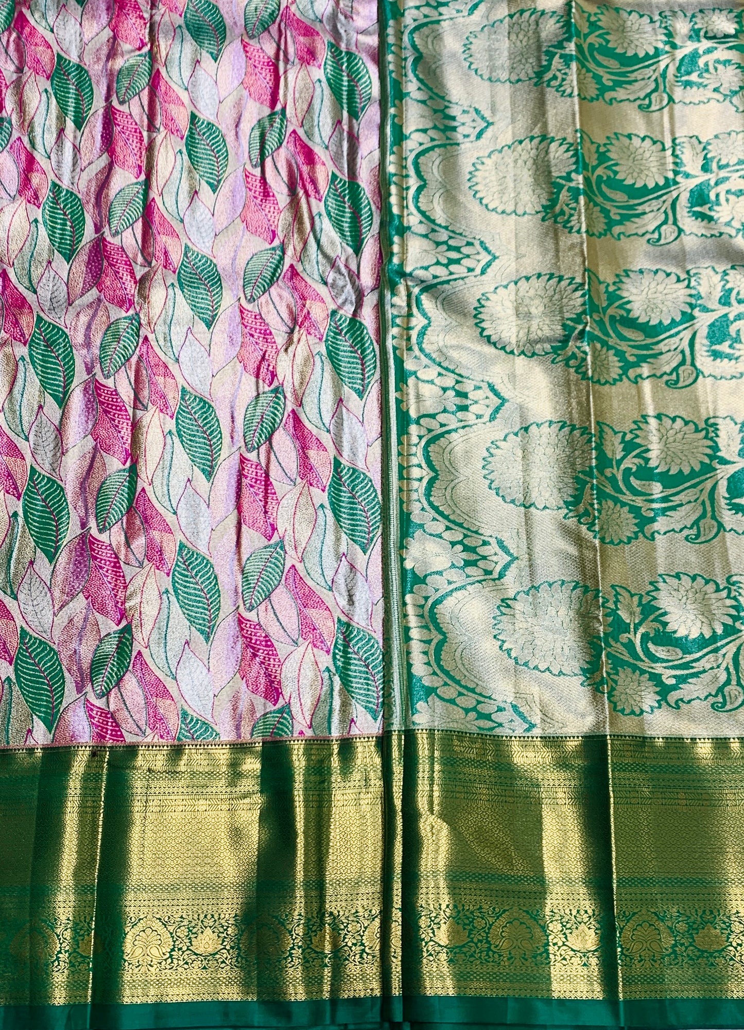 Green & Pink Leaf Soft Kanchi Tissue Pattu Saree with Green Border