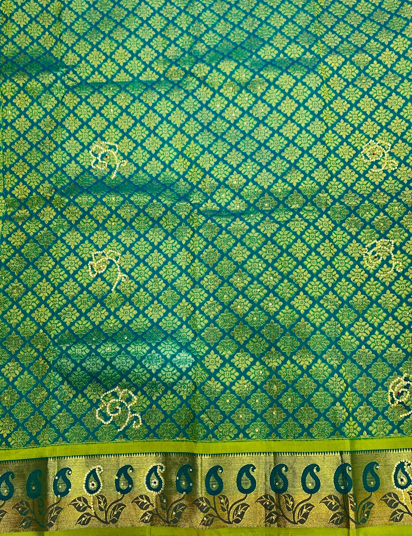 Green Shade Vegan Silk Kids Pattu Pavadai with contrast border for newborn to 2 Years