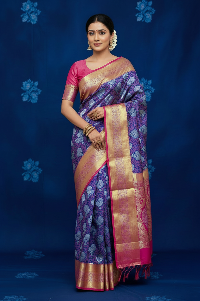 Vegan Silk Saree Pepsi Blue Colour with Pink Border