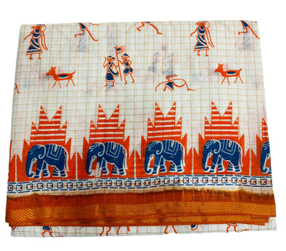 Chettinad Sungudi Cotton White Colour with Orange Border