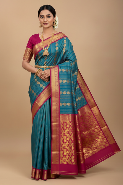 Vegan Silk Saree Peacock Blue Colour Saree with Dark Pink Colour Contrast Border