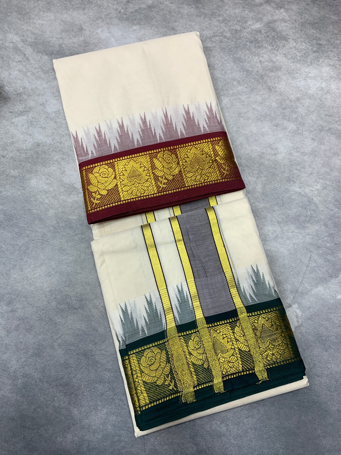 Korvai Cotton Dhoti Half White Colour with Brown and Green Border