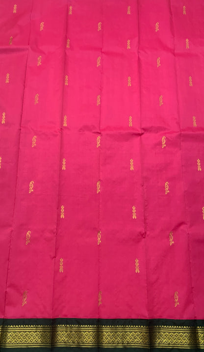 Pure Kanchipuram Silk Saree Pink Colour with Green and Gold Zari Border