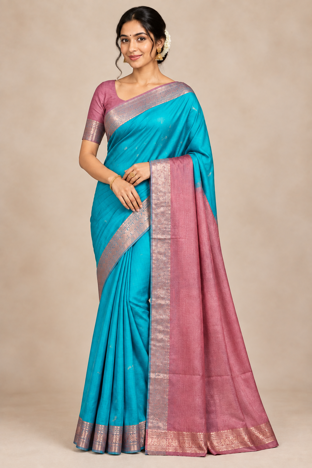 Sky Blue Colour Silk Cotton Saree with Copper Zari Border