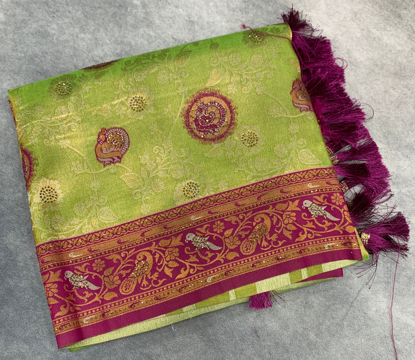 Fancy Tissue Saree Olive Green Colour with Magenta Border