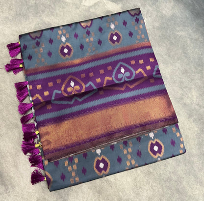 Pochampalli Semi Silk Saree Gray Colour with Magenta Border
