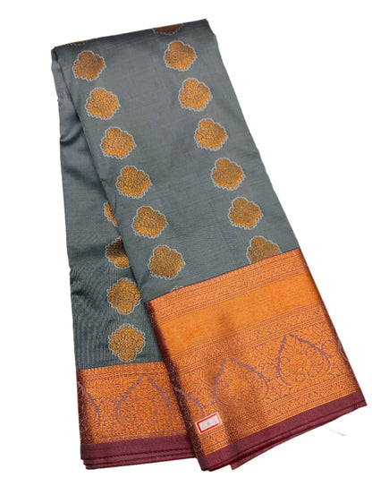 Vegan Silk Saree Gray Colour with Copper Border