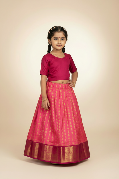 Baby Pink Shade Pure Kanchipuram Kids Pattu Pavadai with Contrast Border for Newborn to 2 Years