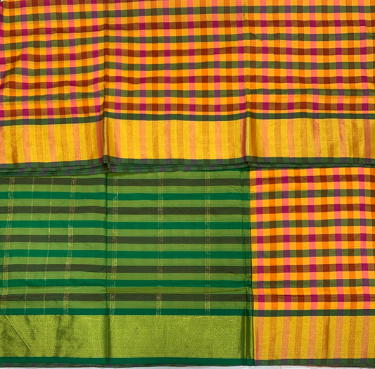 9 yards Vegan Silk Saree Multi Colour with Golden Border