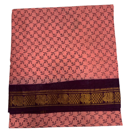 Chettinad Sungudi Cotton Light Peach Colour with Dark Magenta Border