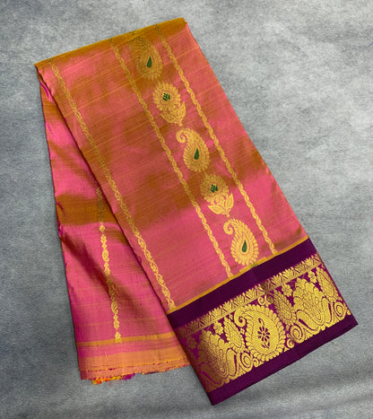 Vibrant Pink Shade Semi Silk Kids Pattu Pavadai with Contrast border for Age 2 to 5 Years