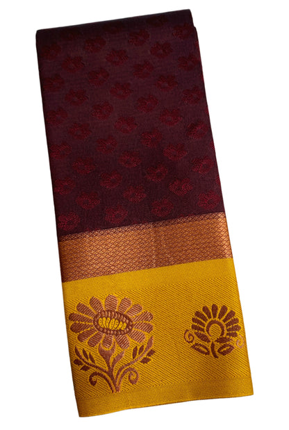 Synthetic Cotton Saree Brown Shade with Yellow Border