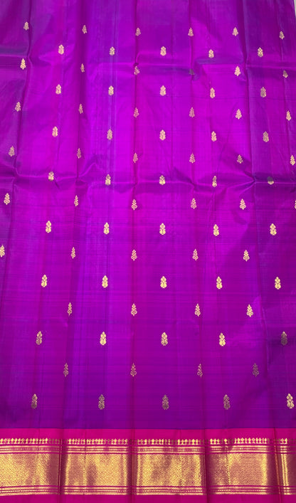 Pure Kanchipuram Silk Saree Purple Colour with Pink and Gold Zari Border