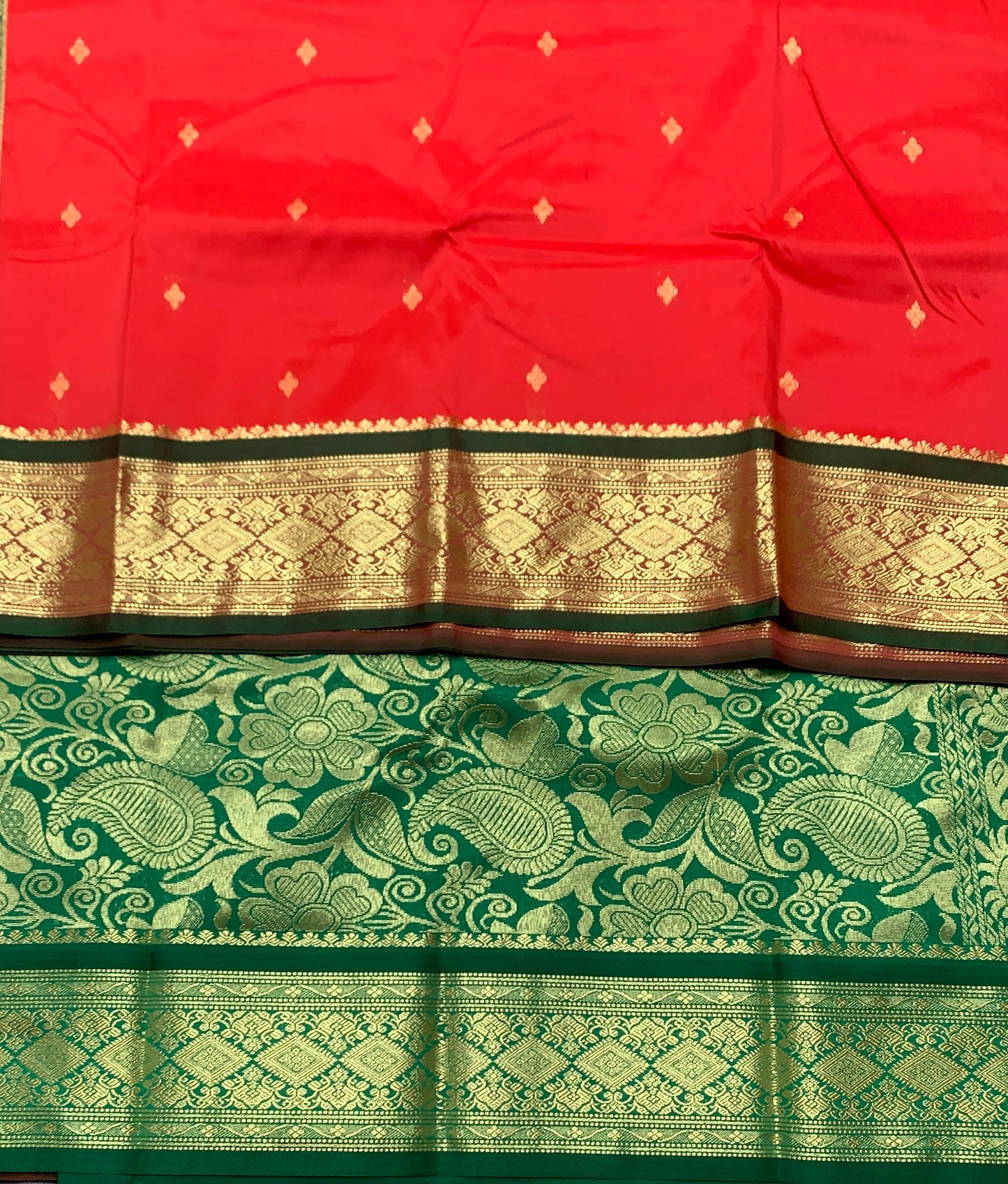 Red Colour Saree with Golden and Green Border