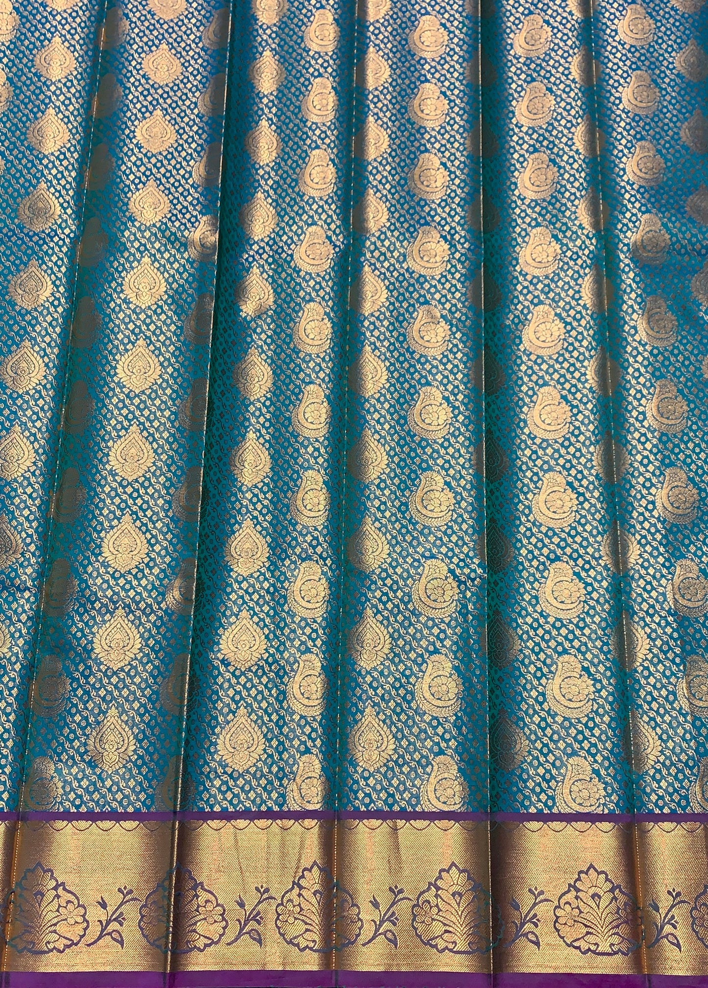 Vegan Silk Saree Peacock Green Colour with Pink and Copper Border
