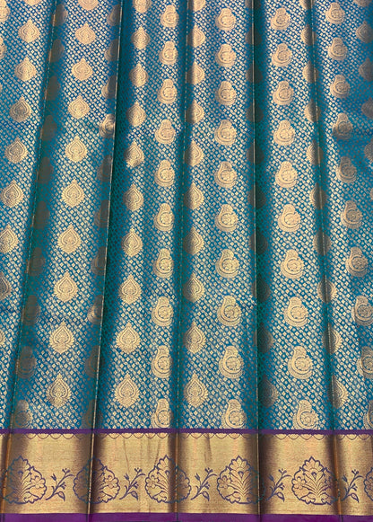 Vegan Silk Saree Peacock Green Colour with Pink and Copper Border