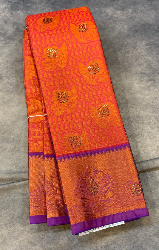 Bridal Vegan Silk Saree BaBy Pink Colour with Copper Border